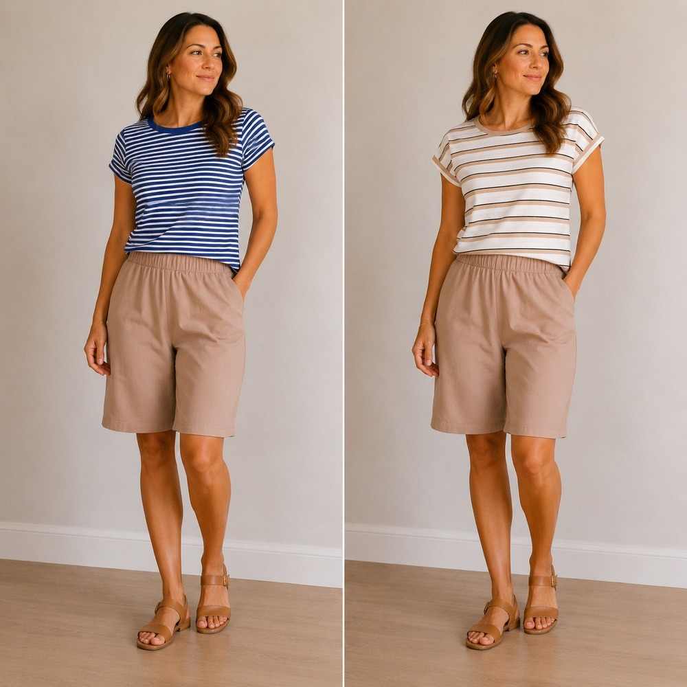 Lands End‎ Casual Tees + Short Set Women Medium Petite Blue Tan Striped Pockets